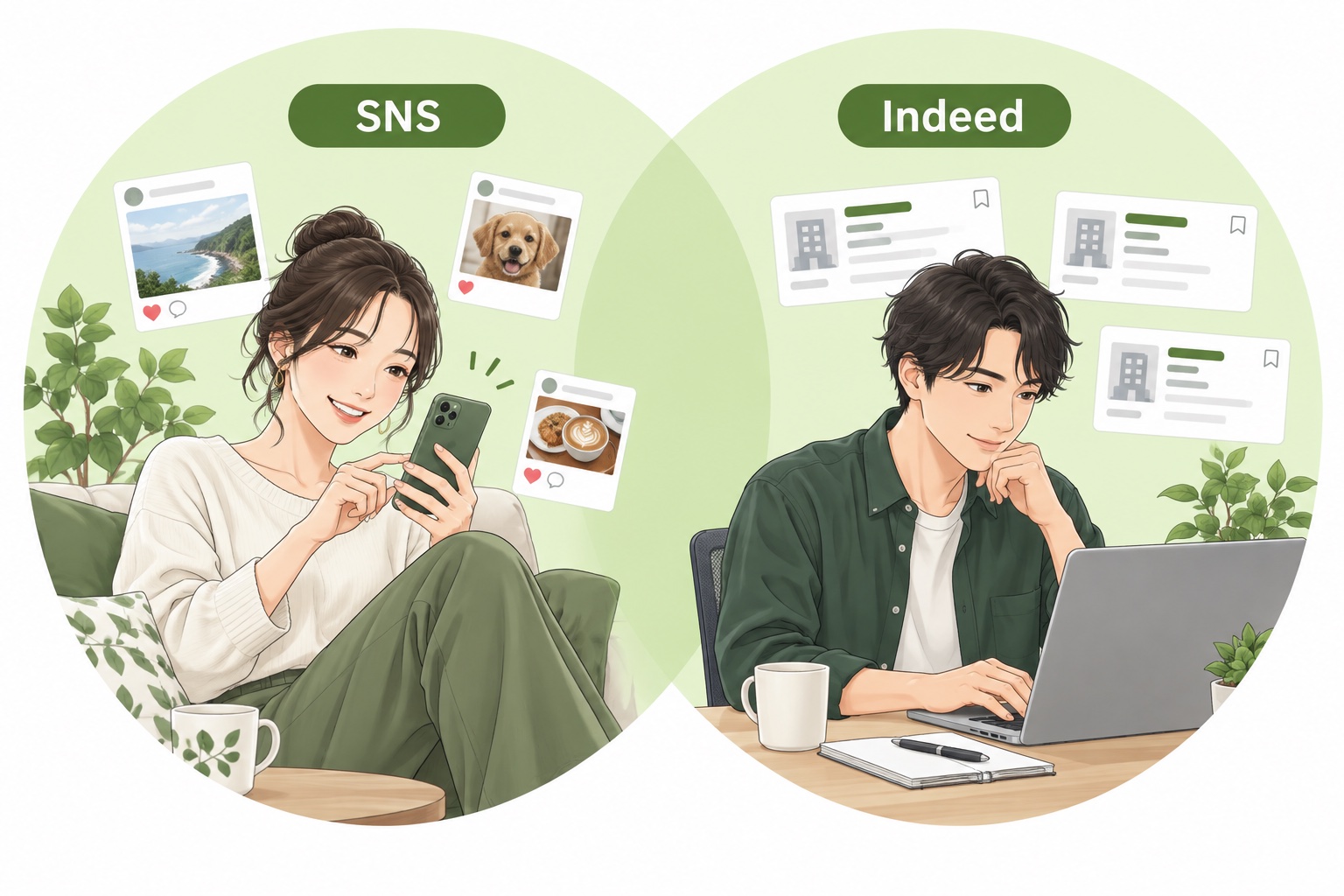 SNSを通じて接点をつくる潜在層と、Indeedなどで仕事を探す顕在層へのアプローチ